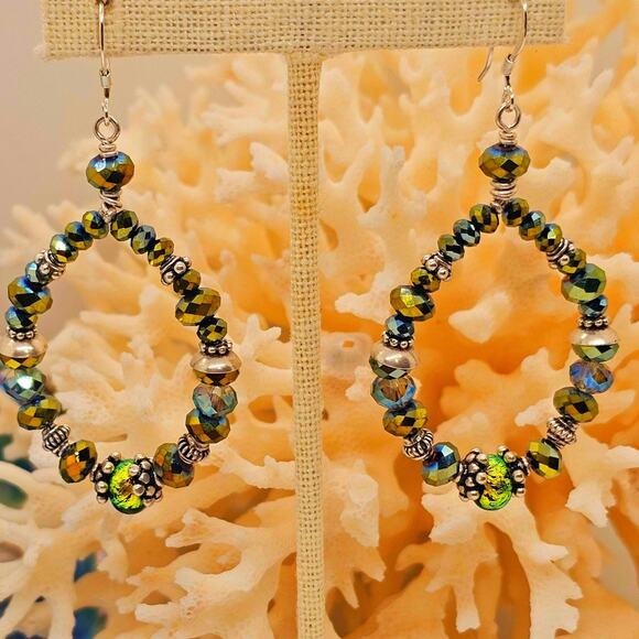 Dichroic Glass Crystal Bead Sterling Teardrop Artisan Earrings - Picture 1 of 10